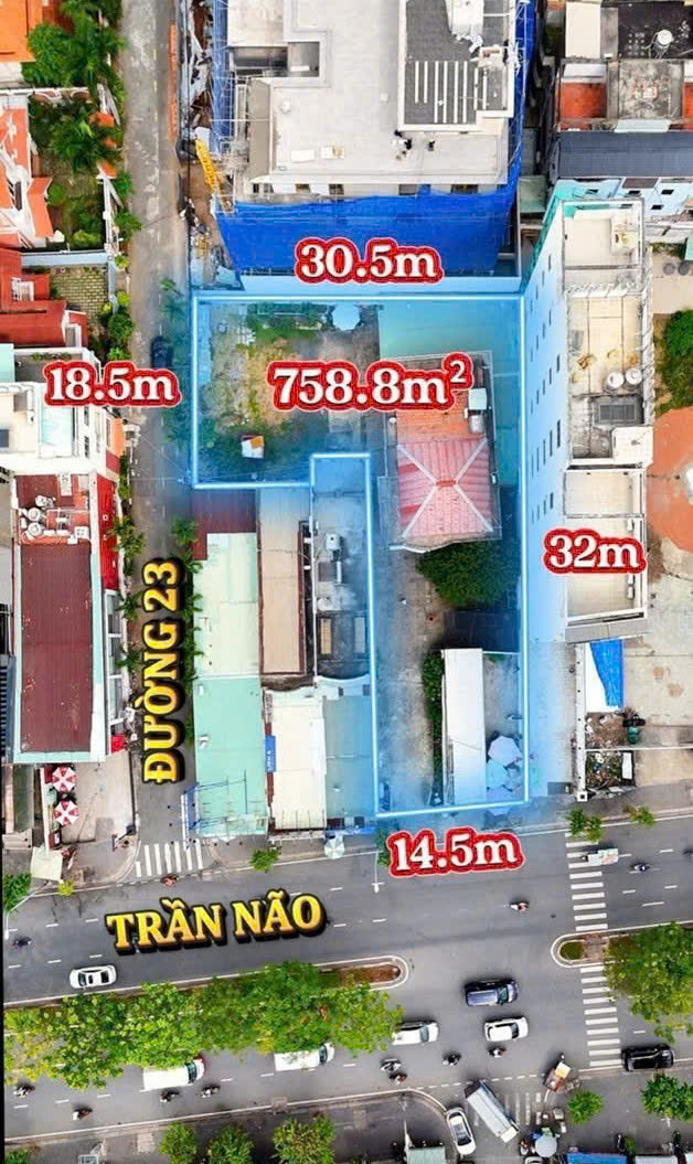 BÁN ĐẤT 2 MẶT TIỀN 64 TRẦN NÃO DIỆN TÍCH: 14,2X32M (NỞ HẬU 31M) (CH: 758,8M2)